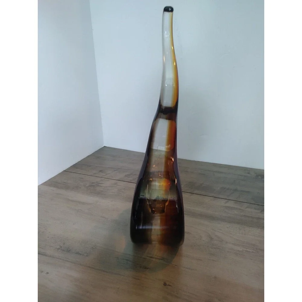 MCM Murano Style Art Glass Ribbon Sculpture Amber Smoke Flame 12.5